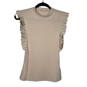 Doe and Rae Sleeveless Top Womens Small Cream Ribbed Vegan Leather Ruffle Trim